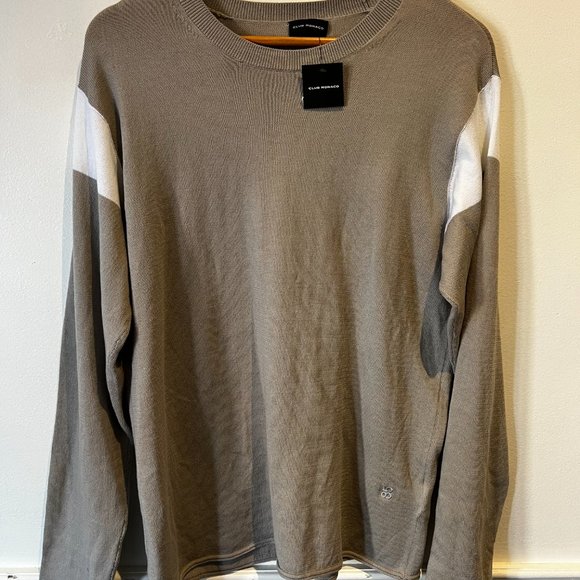 Club Monaco Trim Fit Colorblock Crewneck Sweater In Light Grey/ White - Picture 1 of 3